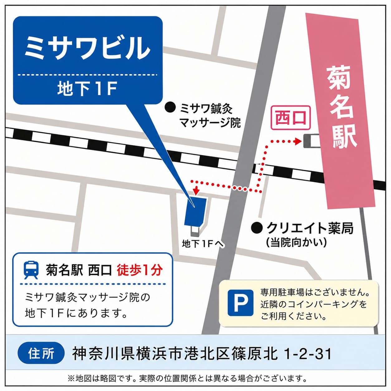 菊名駅西口からミサワビル地下1Fまでの案内図